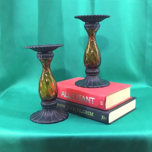 PARTYLITE Global Fusion Taper/Pillar Holder Amber Glass/Black Metal—P8722–(Pair) - Picture 11 of 11